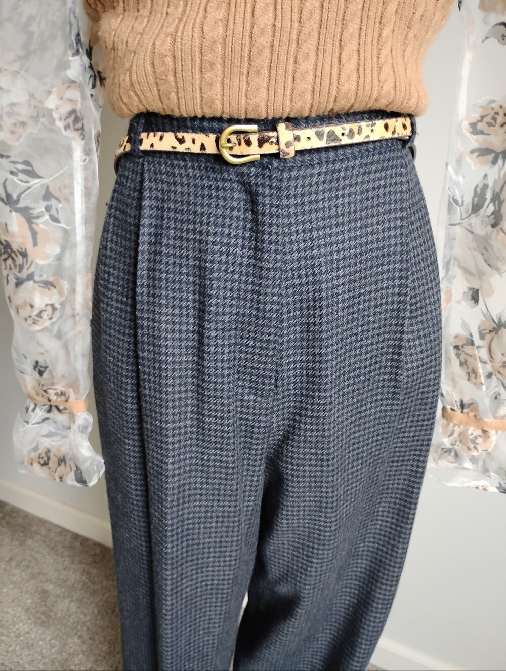 Talbots Vintage Wool Pleat Front Trousers Navy Blue Gray Houndstooth Size 14 Pet
